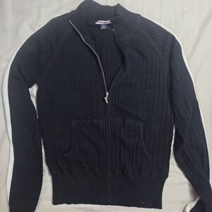 Vintage Polo Jeans Black Full-Zip Cable Knit Sweater with White Stripe 100% Cott